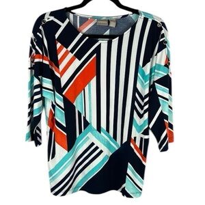 Chico's Lightweight Nautical Colourful Geometric Top Medium Blue White